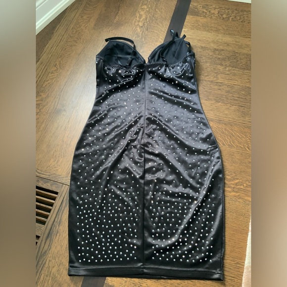 YAYA & CO. Black Satin Crystal Diamond Embellished Evening Midi Dress Size Large - Picture 14 of 16